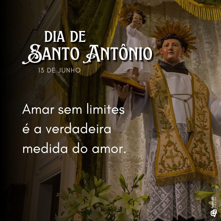 Cartão virtual com mensagem de amor para o dia de Antônio, com foto do santo em uma igreja
