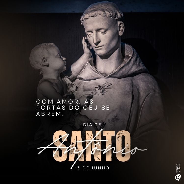Cartão virtual com com mensagem de amor para o dia de Santo Antônio,com foto de estátua do santo