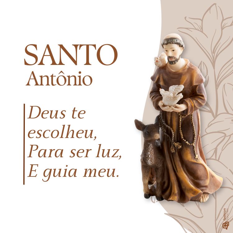 Cartão virtual com verso a Santo Antônio, em fundo branco com desenho de imagem do santo com bichinhos
