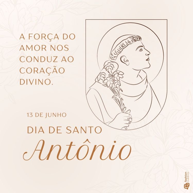 Cartão virtual com mensagem de amor para o dia de Santo Antônio, em fundo bege com desenho