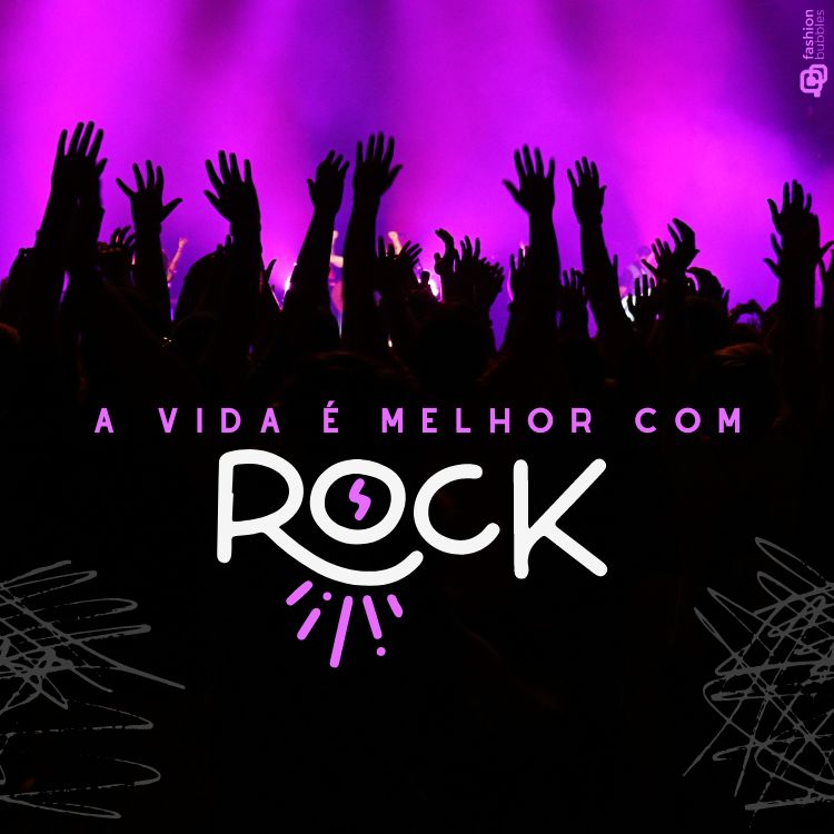 Frases de Dia do Rock escrita em fundo de pessoas em show com luz roxa