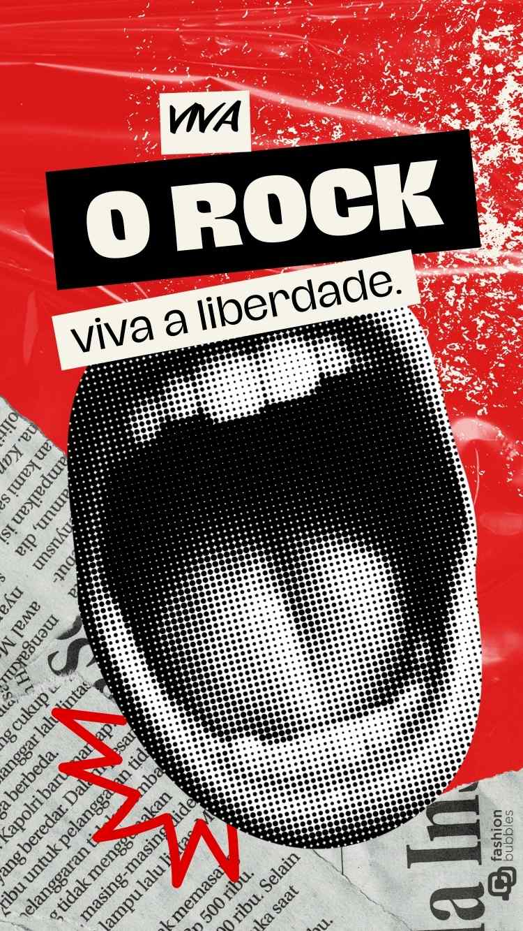 Frases de rock'n'roll escrita em fundo de partes de jornal, cor vermelha e boca aberta