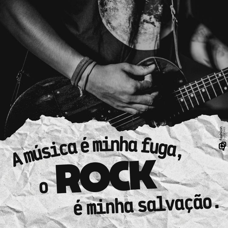 Frases de rock'n'roll escrita em fundo de pessoa tocando uma guitarra