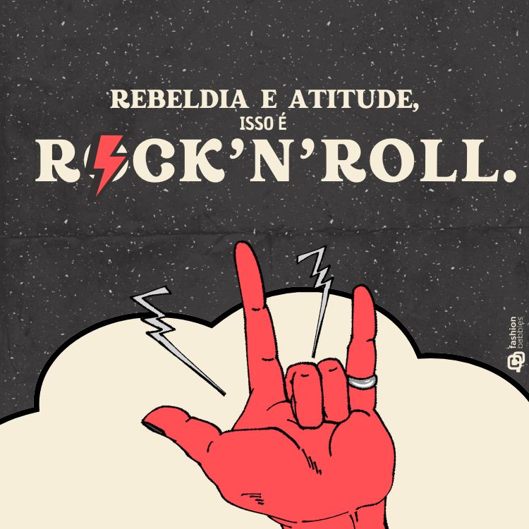 Frases de rock'n'roll escrita em fundo de desenho de mão fazendo o símbolo com os dedos