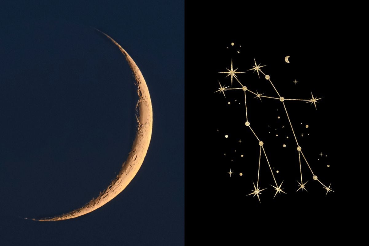 Montagem com foto de Lua Nova ao lado da constelação que representa o signo de Gêmeos