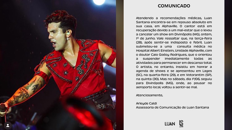 Luan Santana cancelou show, de última hora, em Minas Gerais após mal súbito.