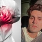 Montagem com duas fotos, uma de homem com dor no peito e uma de selfie de Luan Santana