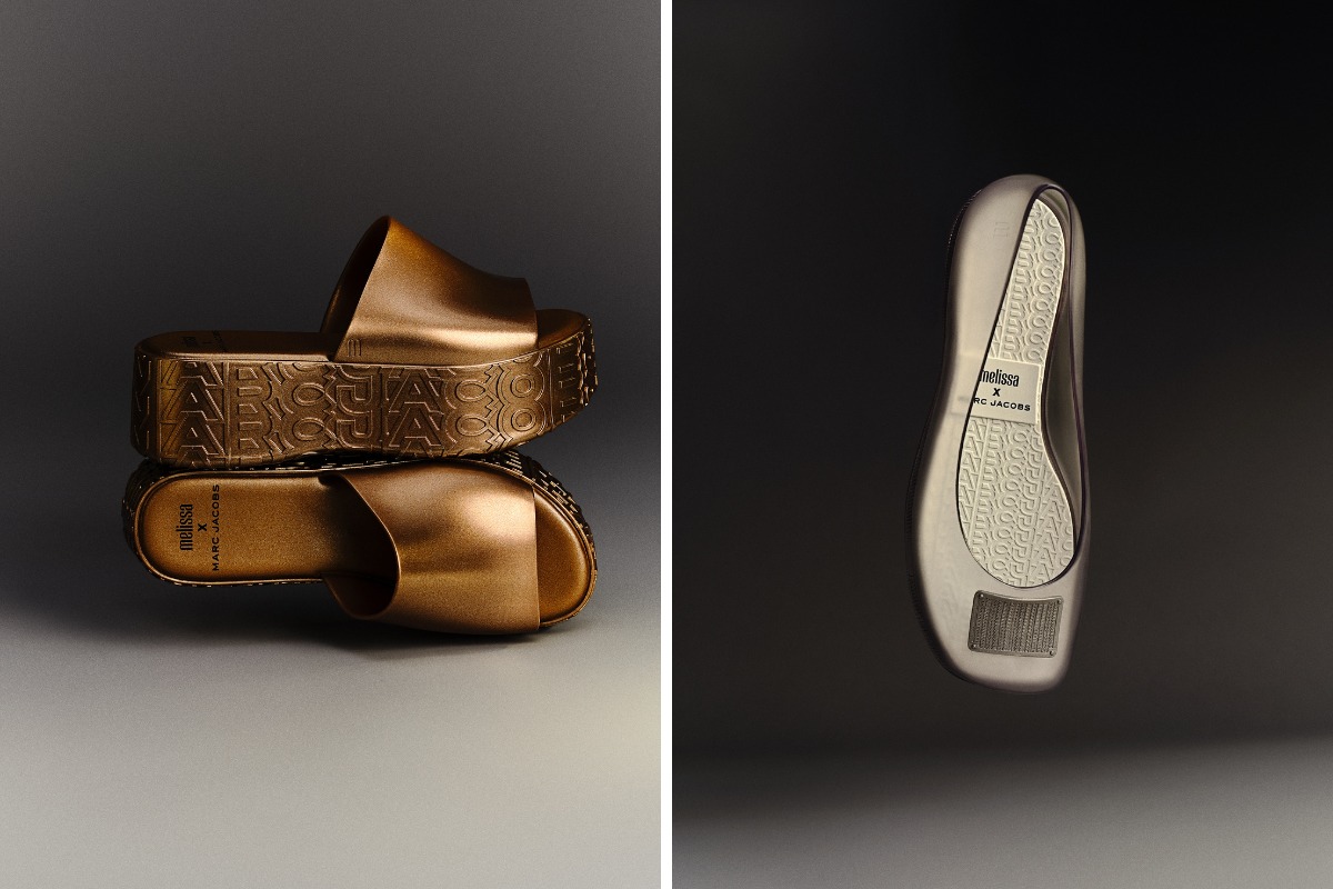 Montagem com duas fotos de sapatos que aparecem na matéria: plataforma dourada Melissa Becky + Marc Jacobs e sapatilha transparente Melissa Ruby + Marc Jacobs
