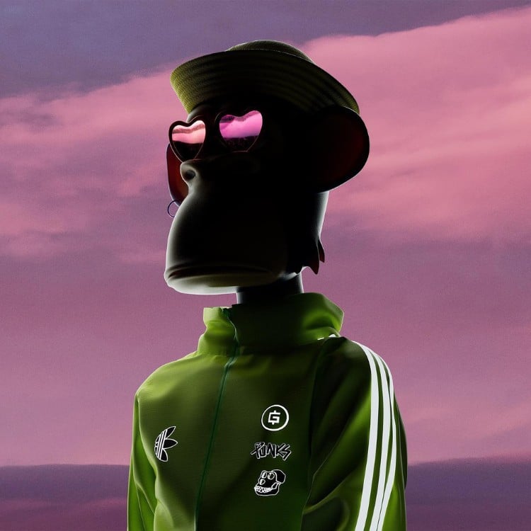 Avatar de macaco 'Indigo Hertz' em céu roxo, usando óculos de coração com reflexo e moletom verde