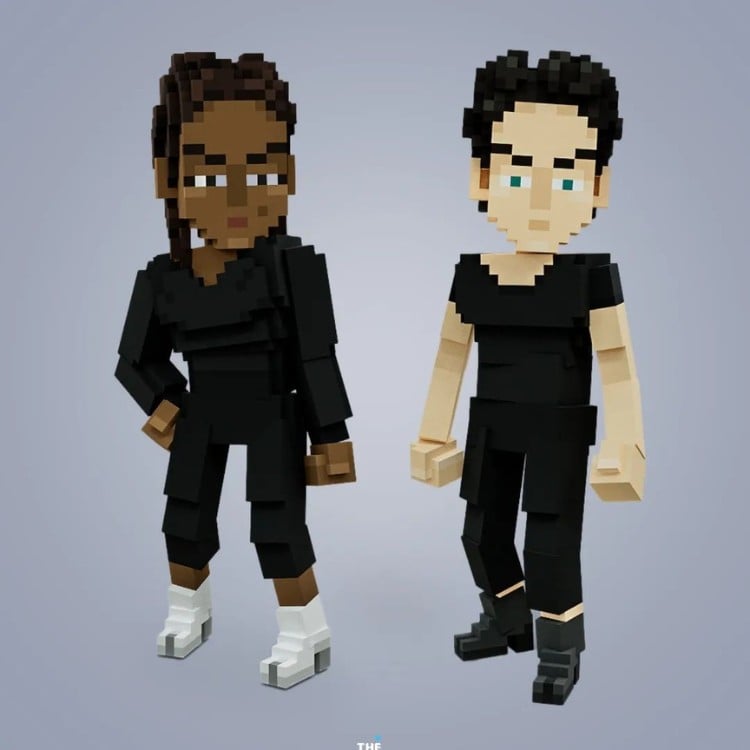 Avatares de The Sandbox (pessoa de pele negra e cabelo marrom e pessoa de cabelo preto e pele clara) usando blusa e calça pretas