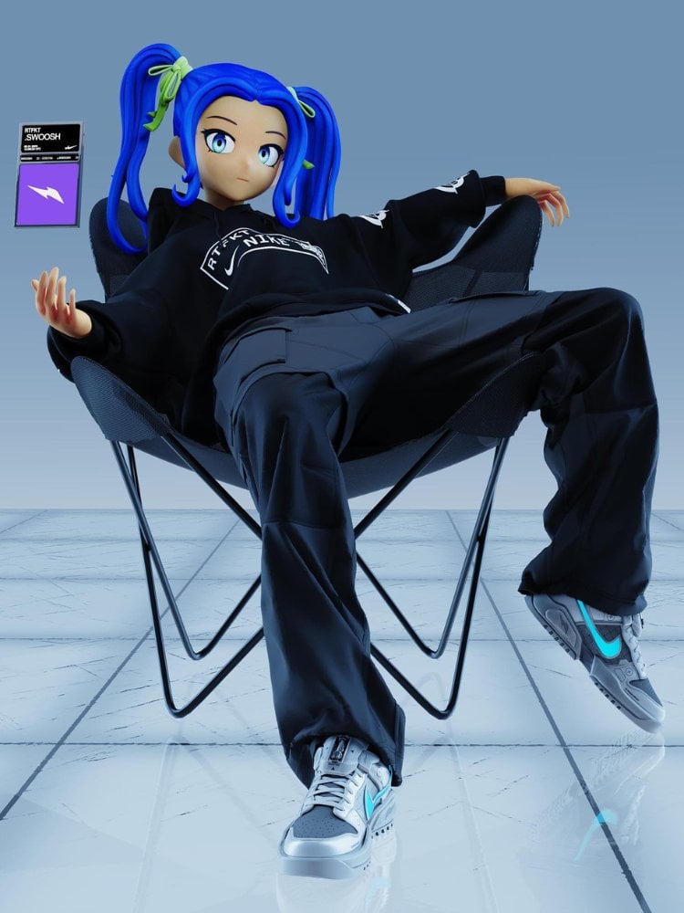 Manequim virtual de pele clara, cabelo azul, sentado usando jaqueta de moletom da Nike, calça preta e tênis da Nike cinza