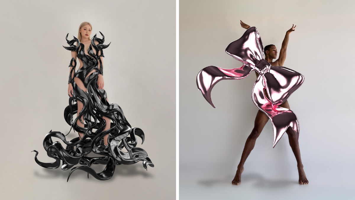 Montagem de duas fotos com fundo cinza, de looks virtuais. A primeira é de uma mulher loira de pele clara usando vestido preto e homem de pele negra usando vestido em formato de laço rosa