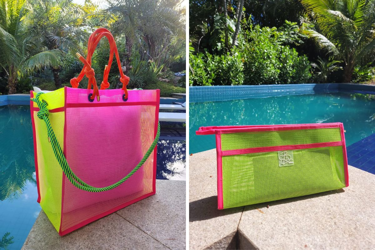 Montagem de duas fotos que aparecem na matéria: uma de bolsa rosa e amarela com alças verde e laranja e outra de necessaire verde e rosa