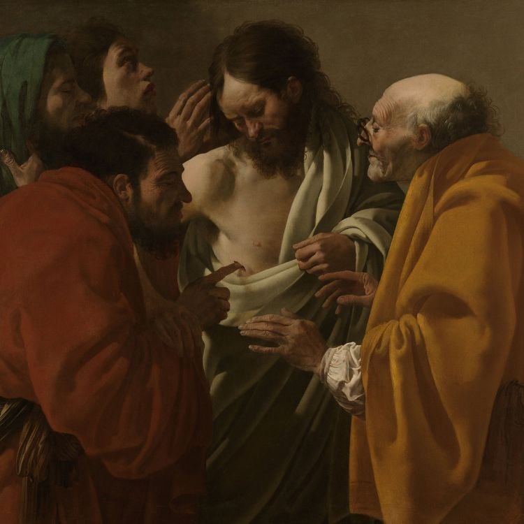A Incredulidade de Tomé, por Hendrick ter Brugghen, 1522, pintura holandesa, óleo sobre tela. Tomé, um dos Doze Discípulos, duvidou da ressurreição de Jesus, até que viu e sentiu o corpo ferido de Jesus. 
