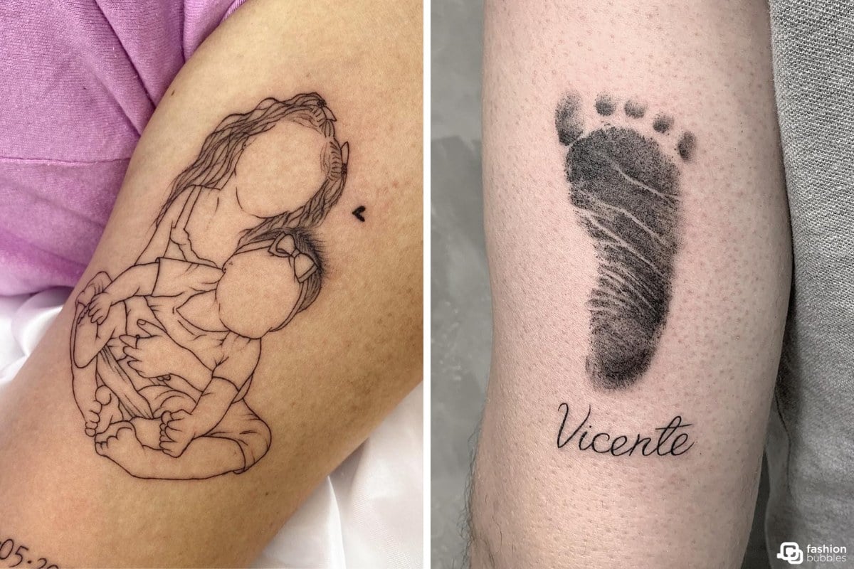 Foto de duas tattoos que aparecem na matéria: contorno de foto de filhos e impressão de pé com nome