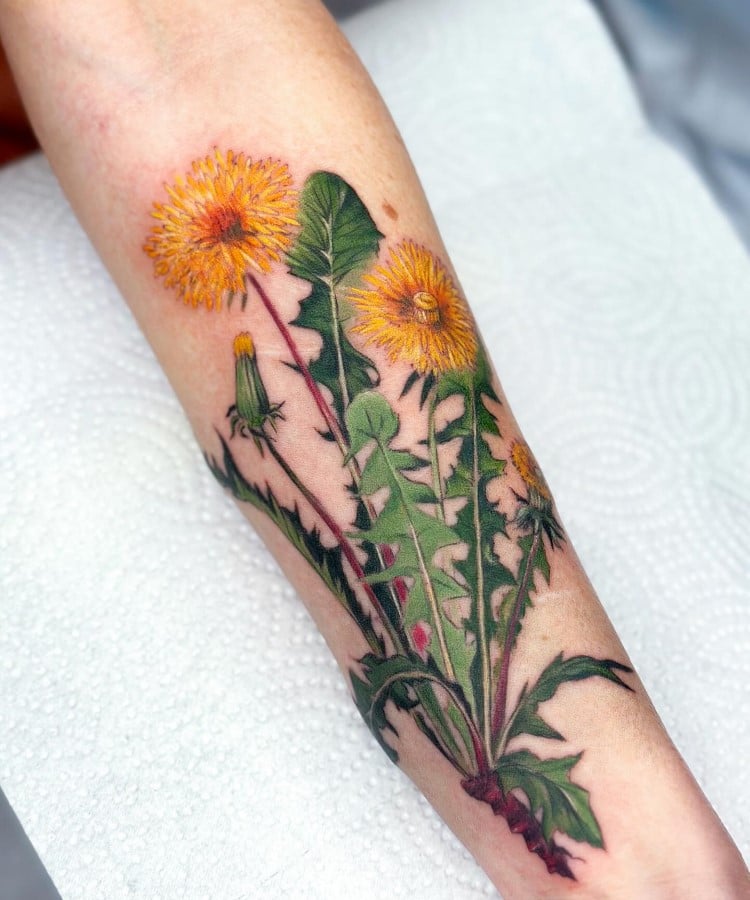 Tatuagem botânica de folhagem floral colorido no braço