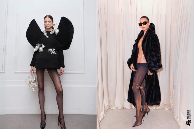 Modelo em desfile da marca Juana Martín no Paris Fashion Week Inverno 2024, e Katy Perry no mesmo evento. Ambas usam uma tendência: meia-calça