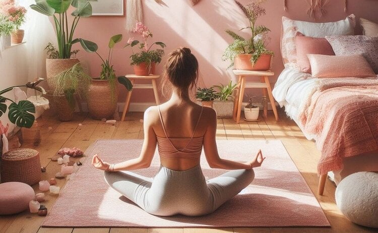 Mulher de costas praticando yoga em um quarto com decoração rosa