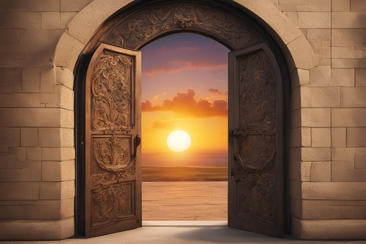 Parede de madeira com porta de madeira e portal 7/7 com pôr do sol