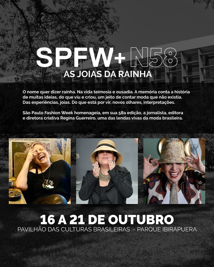 Banner de divulgação do SPFW N58 com fotos de Regina Guerreiro, homenageada da edição