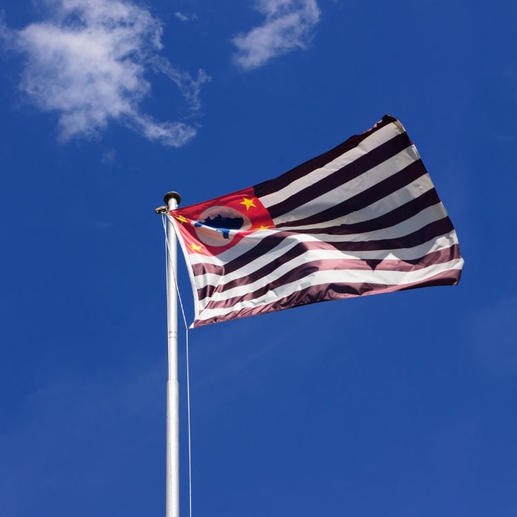 Bandeira hasteada do estado de São Paulo, com vista para o céu azul com nuvens.