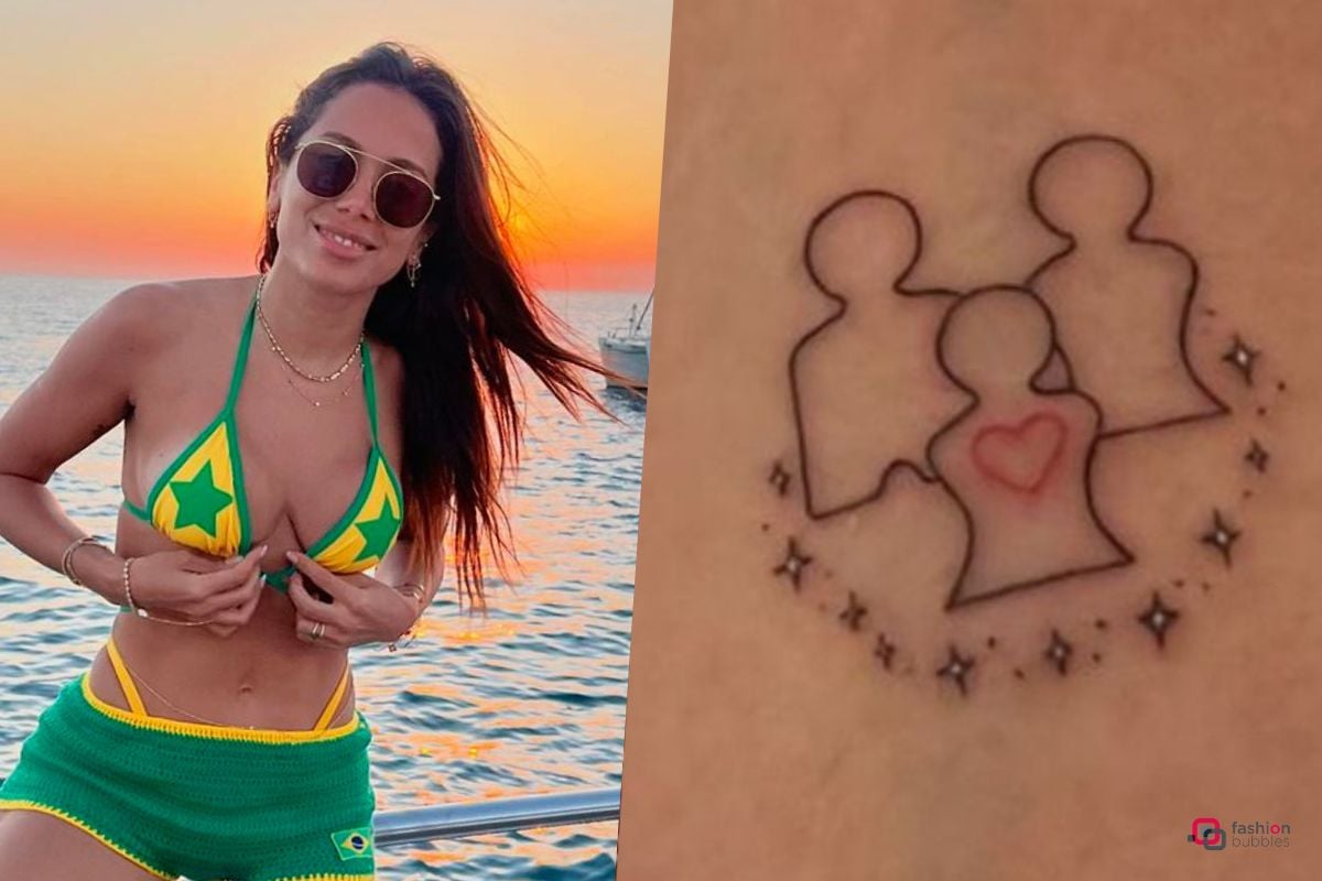 Montagem de Anitta e sua nova tatuagem do símbolo da Constelação Familiar