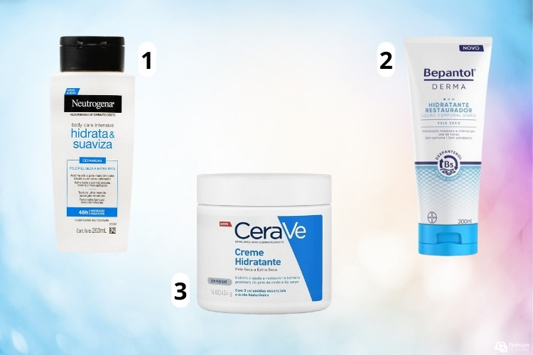 Montagem com fundo colorido com 3 opções de hidratantes corporais (Neutrogena, Bepantol e CeraVe)