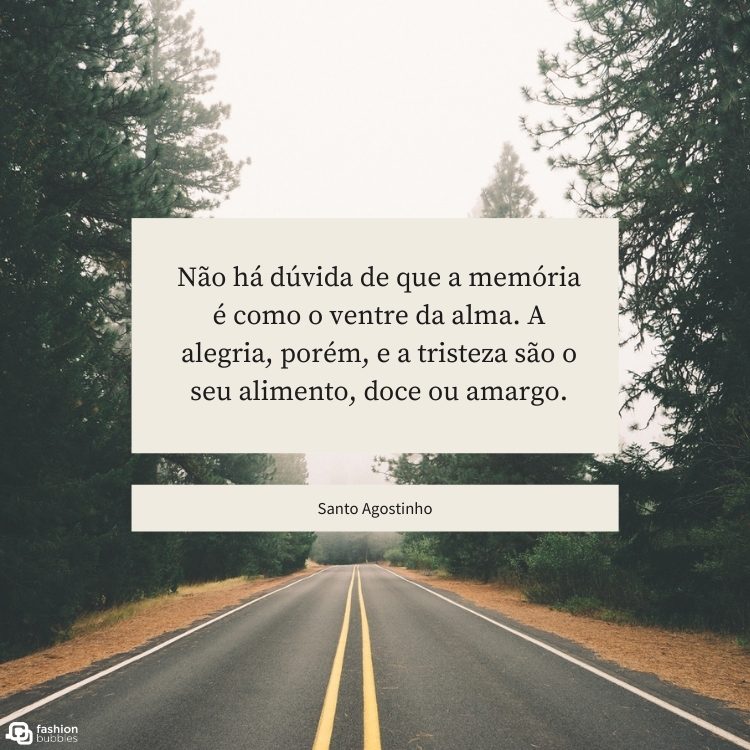 Foto de estrada com florestas e frase "Não há dúvida de que a memória é como o ventre da alma. A alegria, porém, e a tristeza são o seu alimento, doce ou amargo."