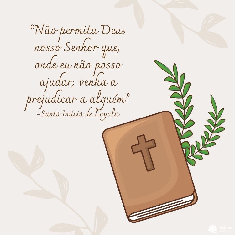 Cartão virtual de fundo bege com desenho de Bíblia e ramos, além de frase “Não permita Deus nosso Senhor que, onde eu não posso ajudar, venha a prejudicar a alguém”.