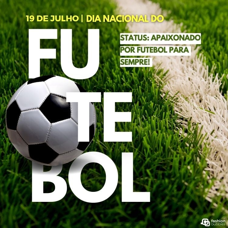 Foto de gramado de futebol, bola e frases "19 de julho Dia Nacional do Futebol" e "Status: apaixonado por futebol para sempre!"