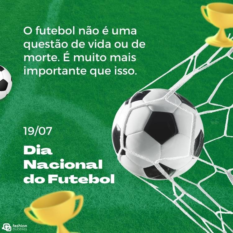 Montagem de fundo de desenho de campo, troféus e bola na rede, além de frase "O futebol não é uma questão de vida ou de morte. É muito mais importante que isso." e "29/07 Dia Nacional do Futebol"