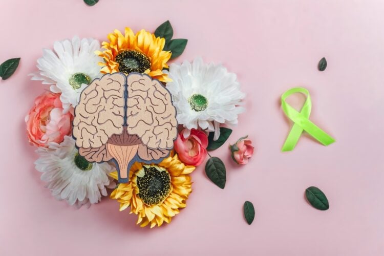 Foto de fundo rosa com desenho de cérebro rosa em cima de flores coloridas e laço verde ao lado