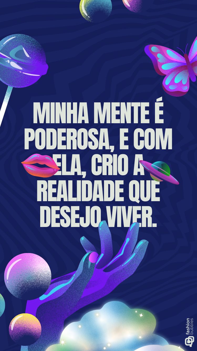 Frase inspiradora sobre a Lei da Atração escrita em fundo roxo com pngs de mão, boca, borboletas, júpiter, pirulito