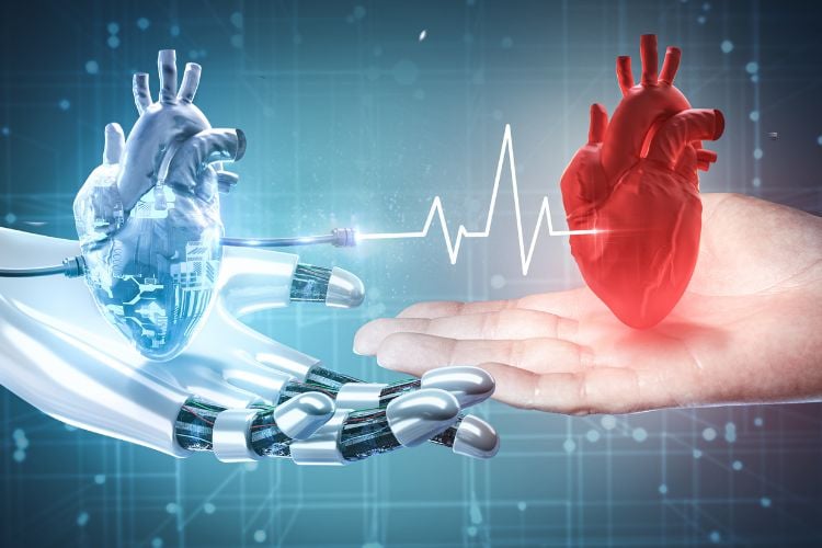 A imagem mostra uma comparação visual entre um coração robótico e um coração humano. À esquerda, há um coração robótico com partes mecânicas e cabos conectados, sugerindo uma natureza artificial. À direita, há um coração humano orgânico repousando sobre uma palma aberta. Entre eles, há uma linha de ECG, indicando ritmo ou vida.