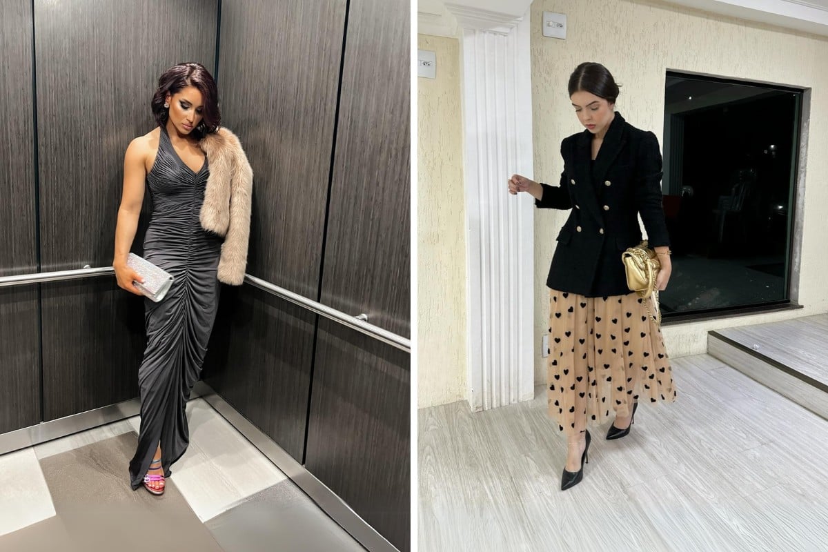 Montagem com duas fotos que aparecem na matéria: mulher de pele morena usando vestido cinza e casaco de pele bege e mulher de pele clara usando blazer preto por cima de vestido bege com corações pretos