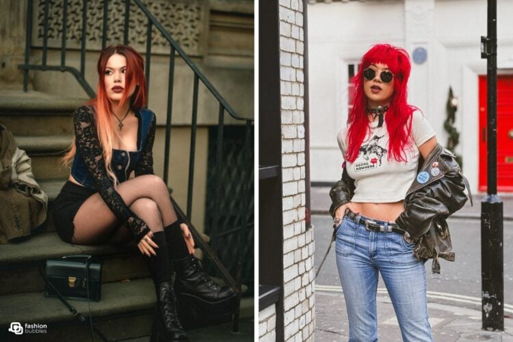 Duas fotos de mulheres com looks rock. Uma usando cropped rendado, com bota, e outra usando camiseta estampada com calça jeans e casaco