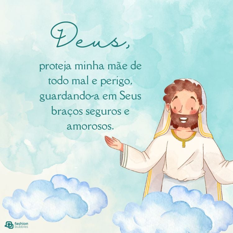 A imagem retrata uma cena religiosa com um personagem angelical de braços abertos, sobre nuvens. O fundo é um céu azul sereno com texto em português pedindo proteção divina para a mãe.