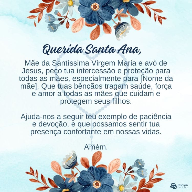 A imagem exibe uma oração em português intitulada “Oração para as mães.” Ela apresenta decorações florais e uma paleta de cores quente. A oração pede bênçãos, saúde e paz para todas as mães, reconhecendo suas lutas e força. Amém.