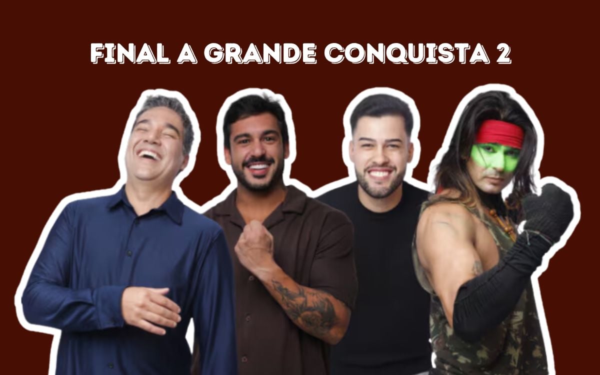 Fundo vinho com foto dos 4 participantes da porcentagem A Grande Conquista Final: Fê, Hadad, Kaio e Rambo