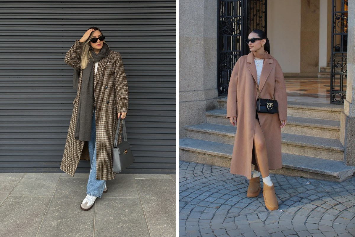 Montagem com duas fotos que aparecem na matéria: mulher de pele clara usando calça jeans, tênis e sobretudo xadrez e outra mulher de pele clara usando sobretudo caramelho e ugg boots