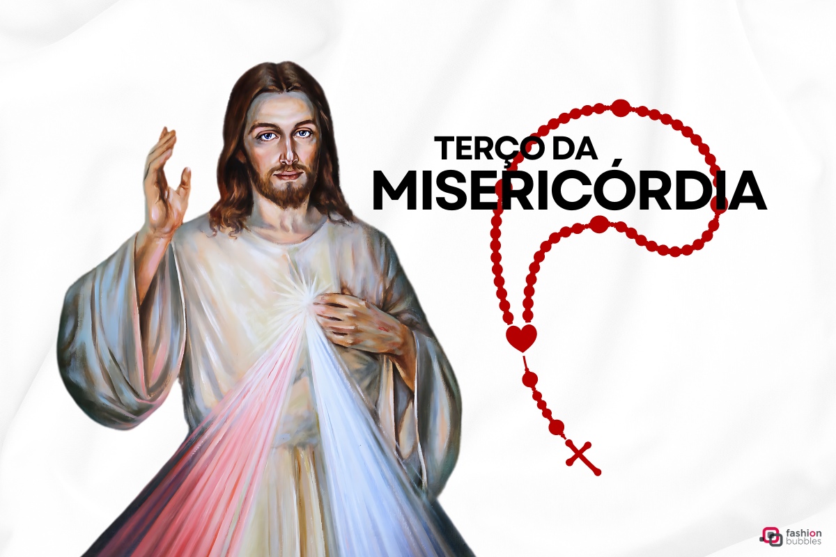 A imagem mostra uma representação artística de Jesus Cristo com um coração luminoso no peito, raios coloridos emanando dele e a mão direita levantada em sinal de bênção. Ao lado, há um terço vermelho com contas e uma cruz, e as palavras “TERÇO DA MISERICÓRDIA” em texto preto