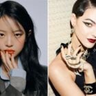 Montagem com duas fotos de mulheres com unhas elegantes: à esquerda, mulher asiática com unhas vermelhas; à direita, mulher branca com unhas pretas