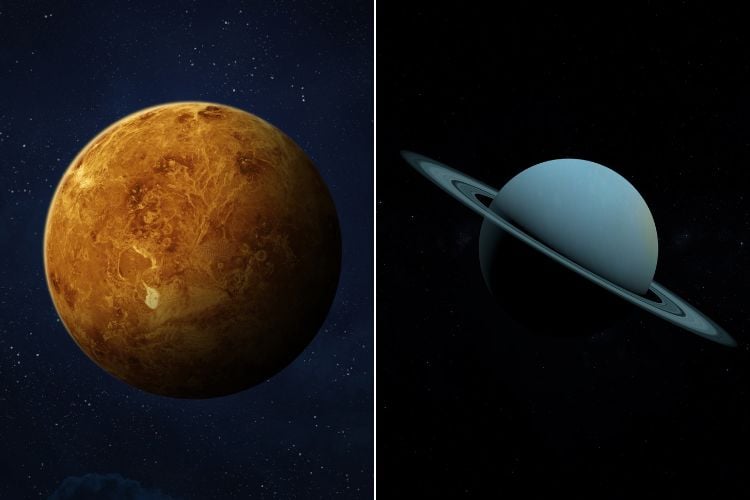 Montagem com foto dos planetas Vênus e Urano