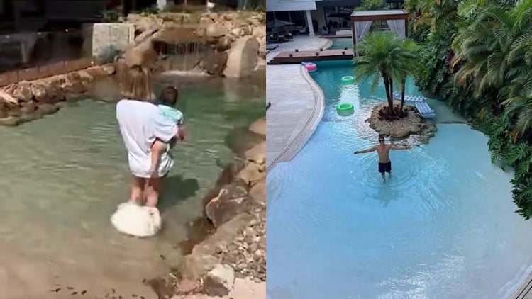 Viih Tube e Eliezer comentam sobre piscina em forma de lago inspirada em casa de famoso.