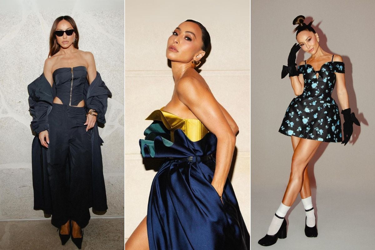 Foto de 3 looks de Sabrina Sato: corset com calça de alfaiataria pretos, vestido de cetim azul marinho e amarelo, vestido curto estampado