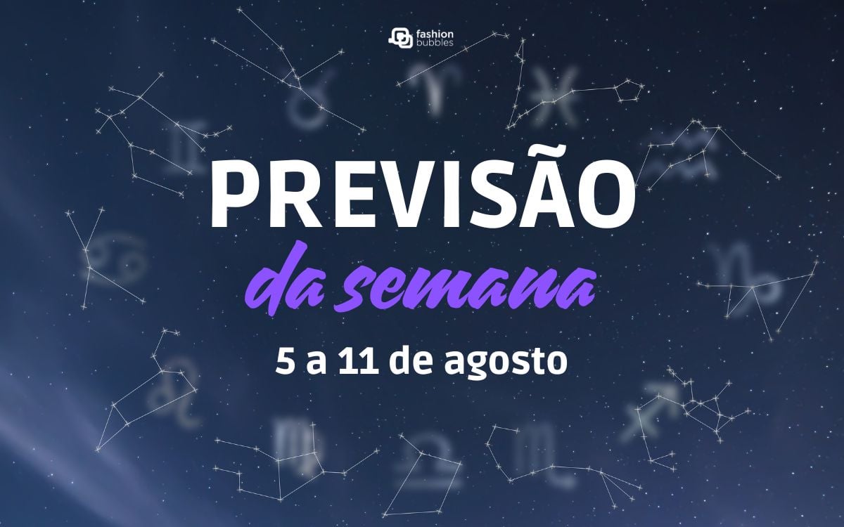 Céu estrelado com constelações e símbolos dos signos. Ao centro lê-se previsão da semana de 5 a 11 de agosto, horóscopo semanal