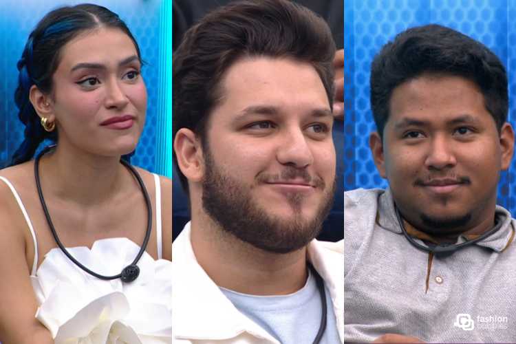 Três participantes lado a lado. Unna, morena, de cabelo azul; Lucca, branco, com barba; Rodrigo, moreno.