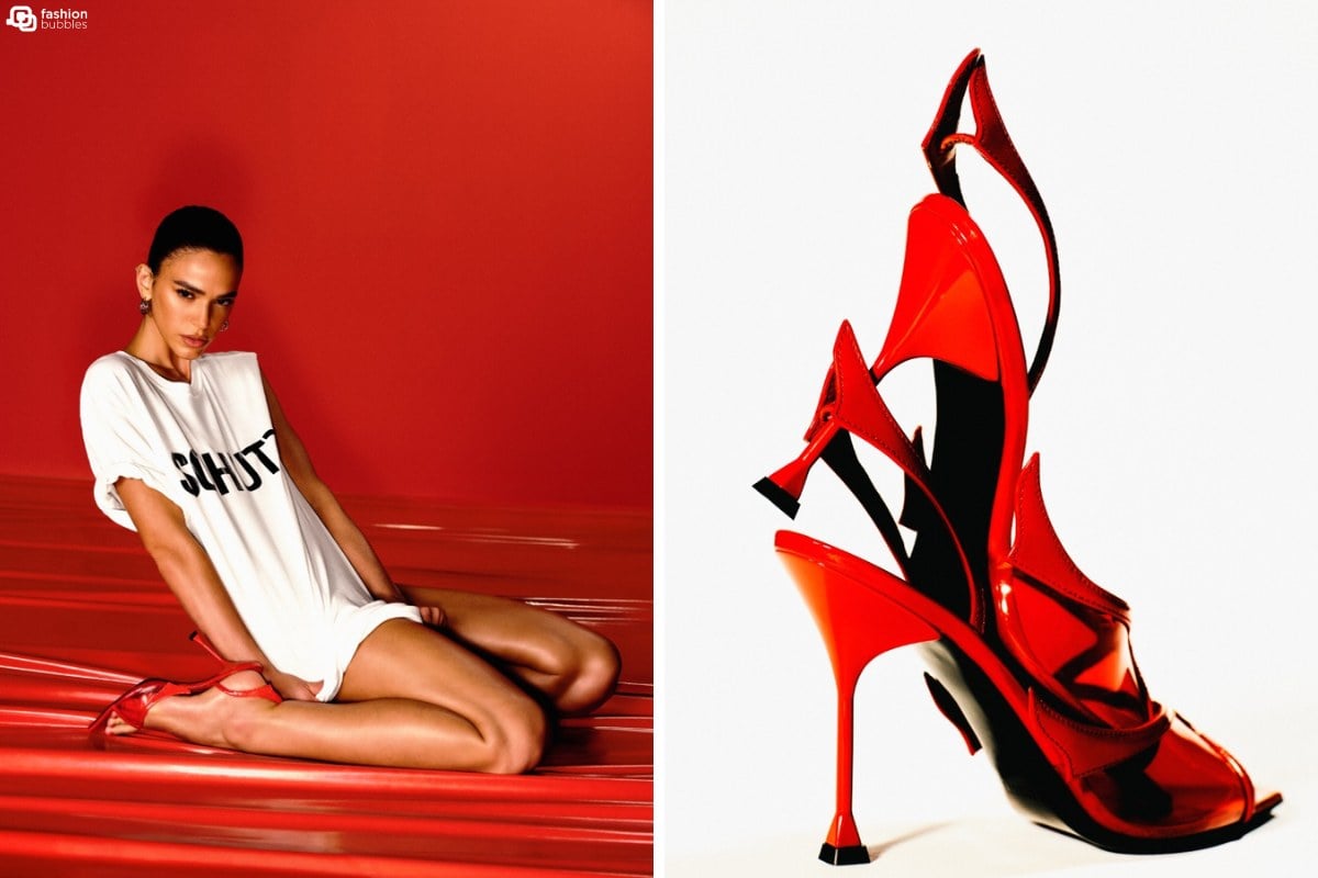 A imagem é uma campanha publicitária da marca Schutz. À esquerda, Bruna Marquezine sentada no chão com um fundo vermelho, vestindo uma camiseta branca com o nome da marca e sapatos de salto alto vermelhos. À direita, um close-up de um par de sapatos de salto alto vermelhos, destacando seu design elegante. A composição minimalista enfatiza a sofisticação e o estilo dos produtos Schutz.