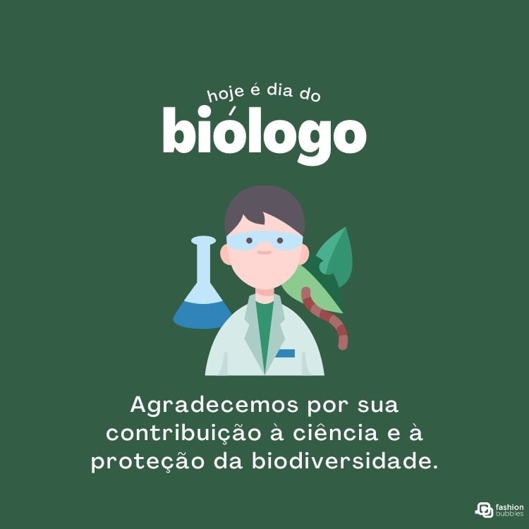 Cartão virtual de fundo verde com desenho de menino biólogo e frase "Hoje é o Dia do Biólogo! Agradecemos por sua contribuição à ciência e à proteção da biodiversidade."