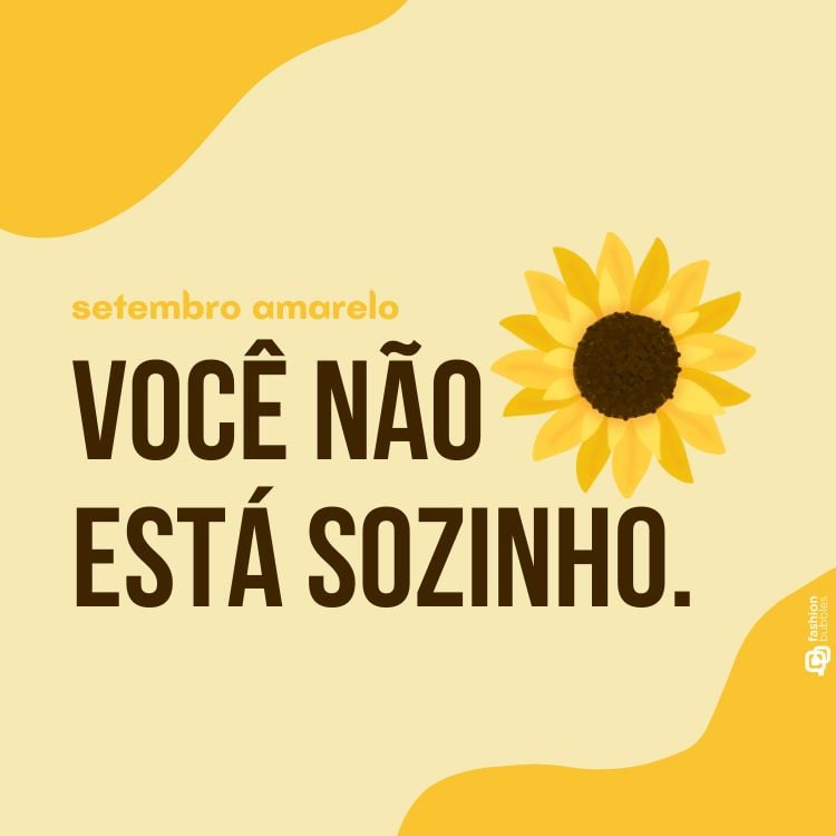 A imagem é um cartaz com fundo em tons de amarelo claro e amarelo escuro. No centro, há uma mensagem em letras grandes e escuras que diz: "VOCÊ NÃO ESTÁ SOZINHO." Acima dessa frase, em letras menores, está escrito "setembro amarelo". À direita da mensagem, há uma ilustração de um girassol. O cartaz é relacionado à campanha de conscientização sobre a prevenção do suicídio, representada pelo "Setembro Amarelo".